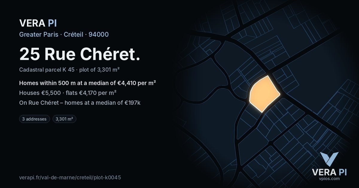 25 Rue Chéret, Créteil at night – the plot lit, the parcels around coloured by the prices near them