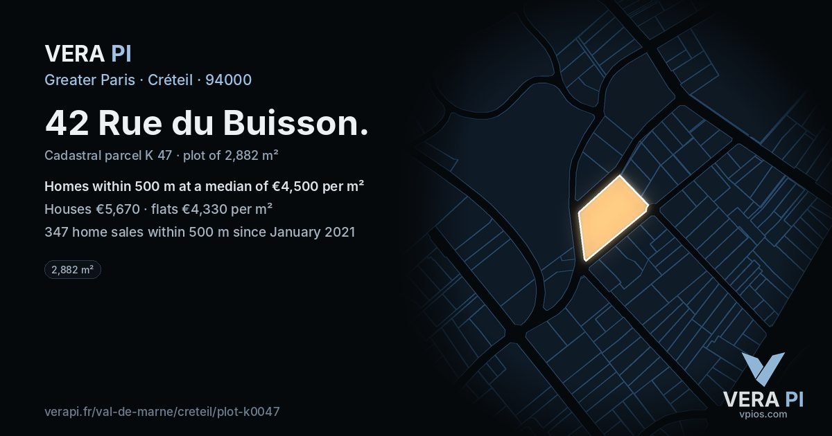 42 Rue du Buisson, Créteil at night – the plot lit, the parcels around coloured by the prices near them