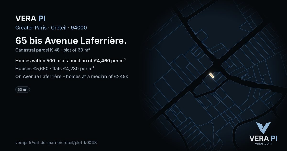 65 bis Avenue Laferrière, Créteil at night – the plot lit, the parcels around coloured by the prices near them