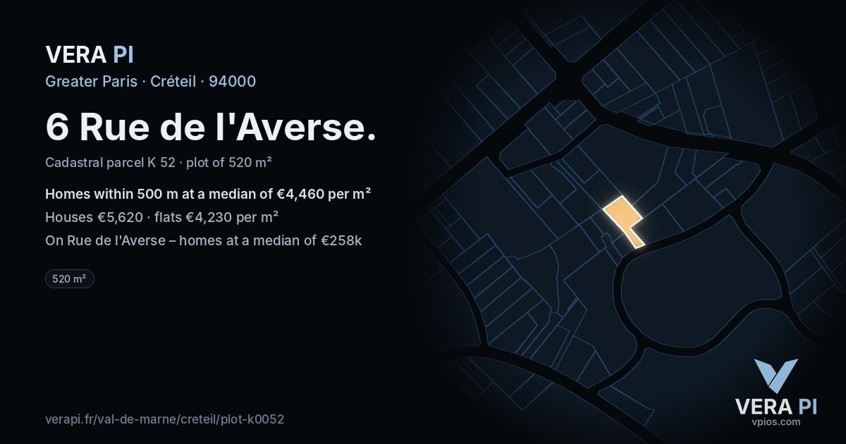 6 Rue de l'Averse, Créteil at night – the plot lit, the parcels around coloured by the prices near them