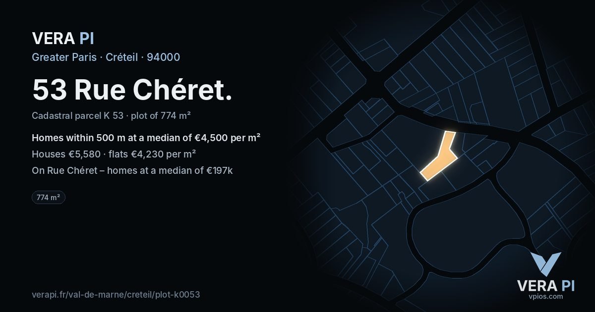 53 Rue Chéret, Créteil at night – the plot lit, the parcels around coloured by the prices near them
