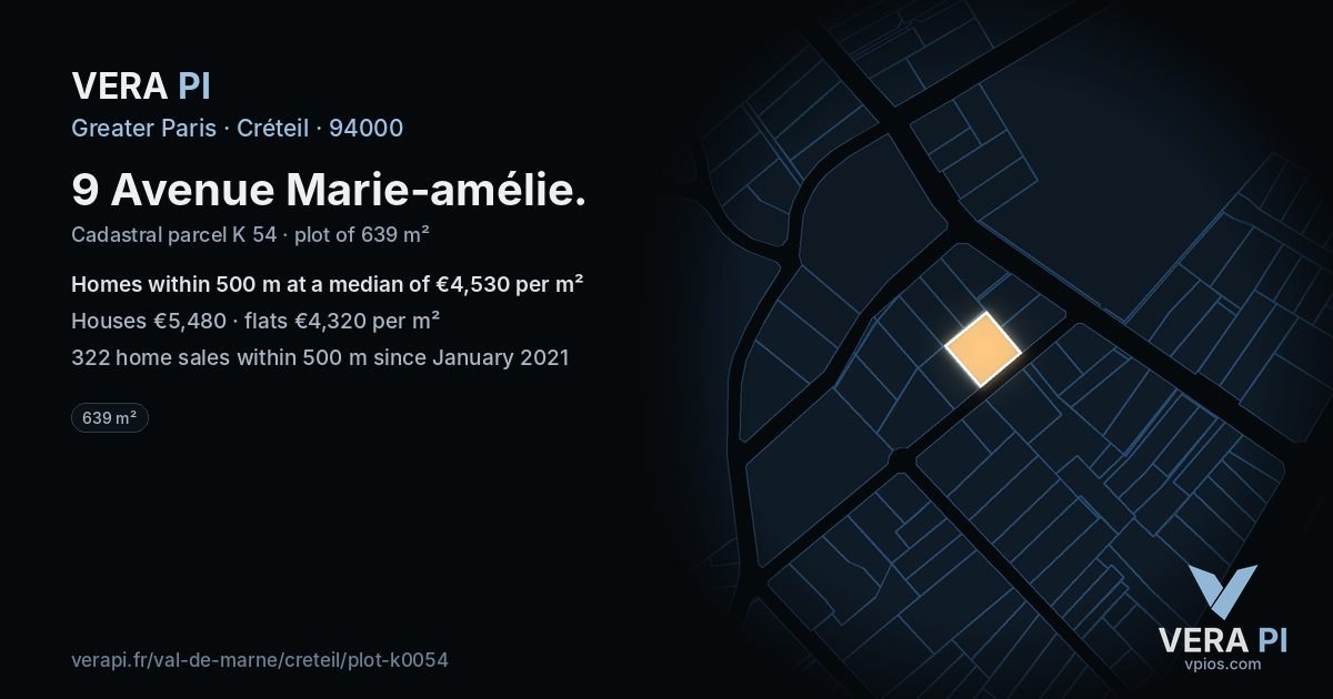 9 Avenue Marie-amélie, Créteil at night – the plot lit, the parcels around coloured by the prices near them