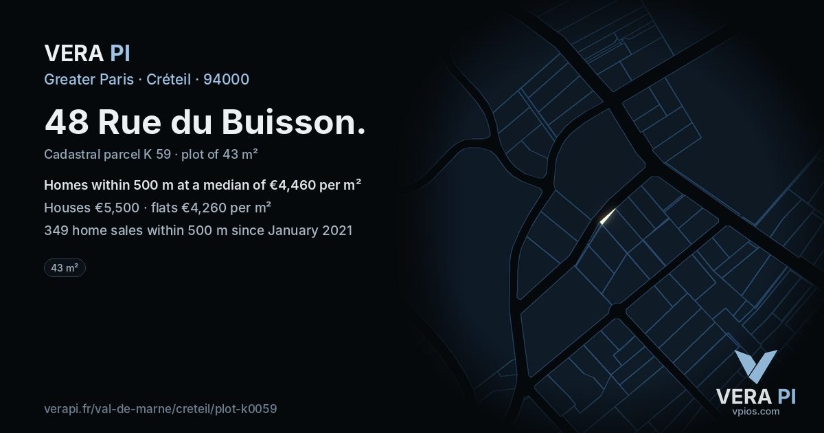 48 Rue du Buisson, Créteil at night – the plot lit, the parcels around coloured by the prices near them