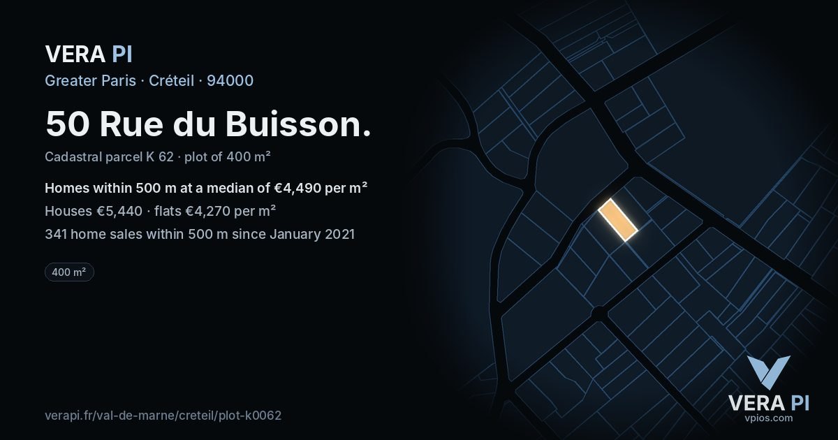 50 Rue du Buisson, Créteil at night – the plot lit, the parcels around coloured by the prices near them