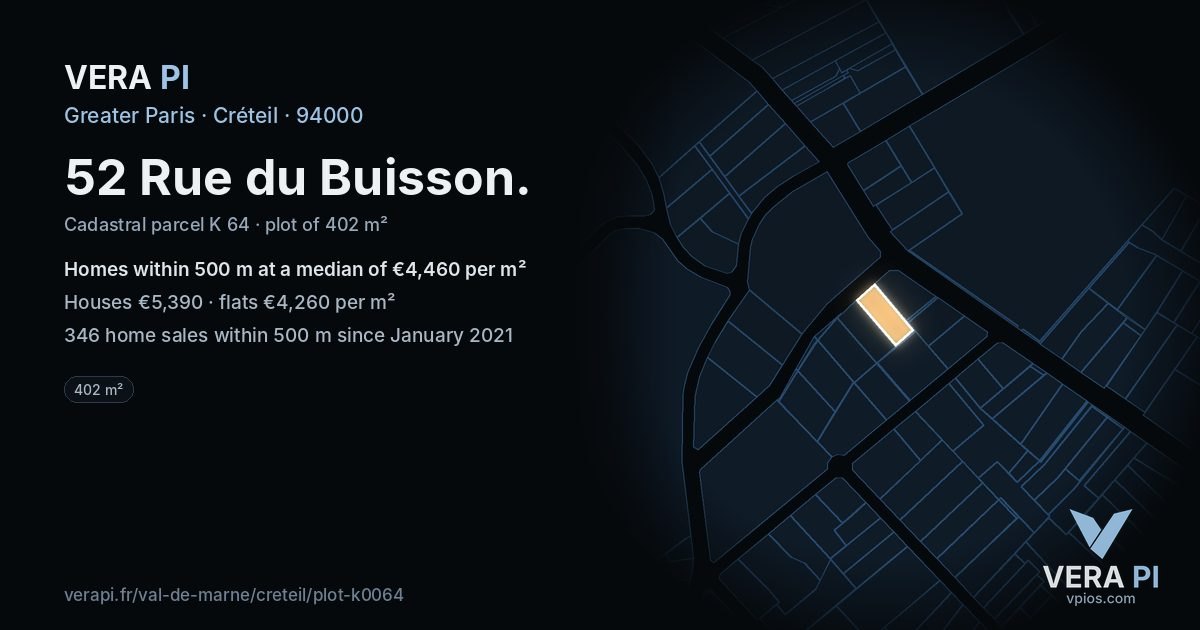 52 Rue du Buisson, Créteil at night – the plot lit, the parcels around coloured by the prices near them