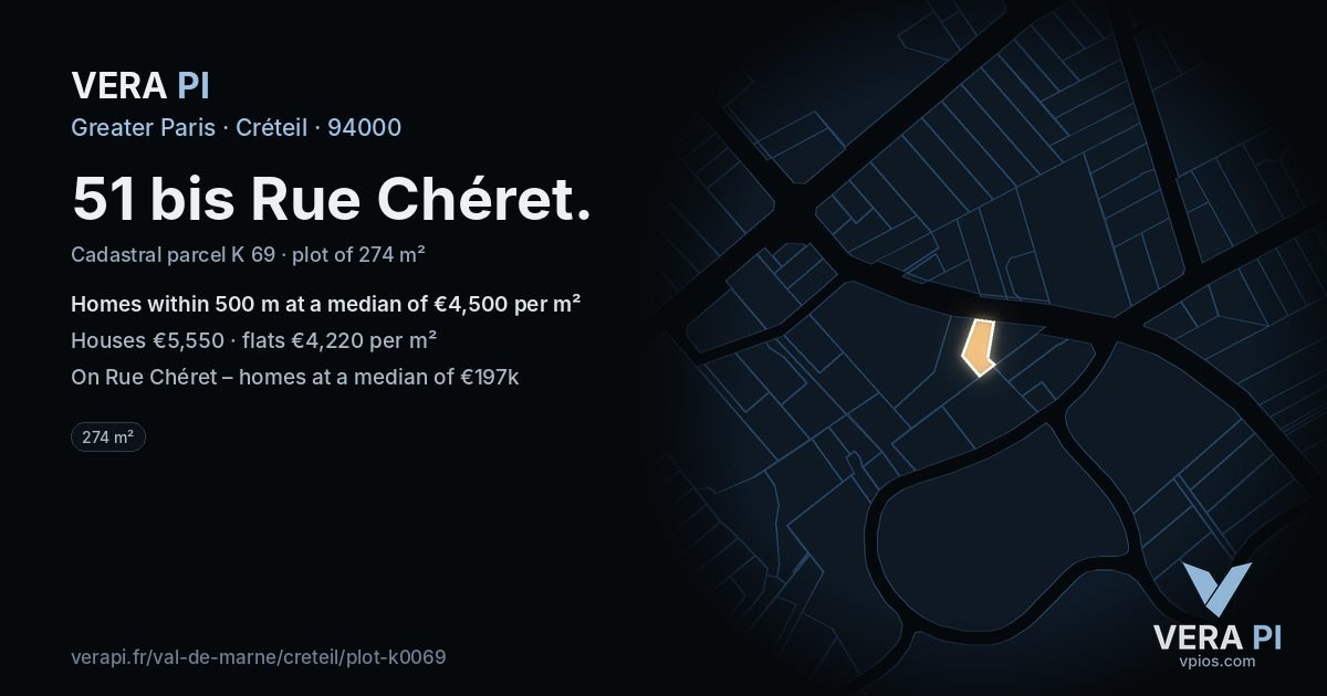 51 bis Rue Chéret, Créteil at night – the plot lit, the parcels around coloured by the prices near them