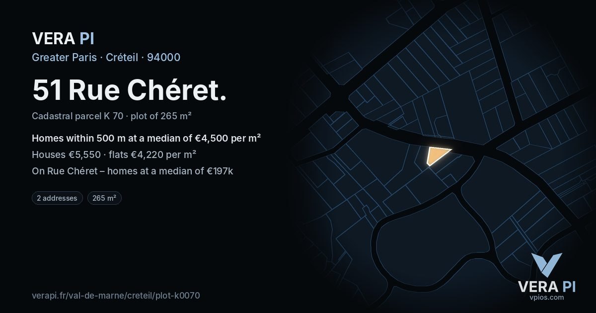 51 Rue Chéret, Créteil at night – the plot lit, the parcels around coloured by the prices near them