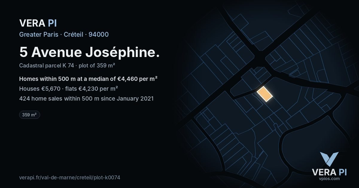 5 Avenue Joséphine, Créteil at night – the plot lit, the parcels around coloured by the prices near them
