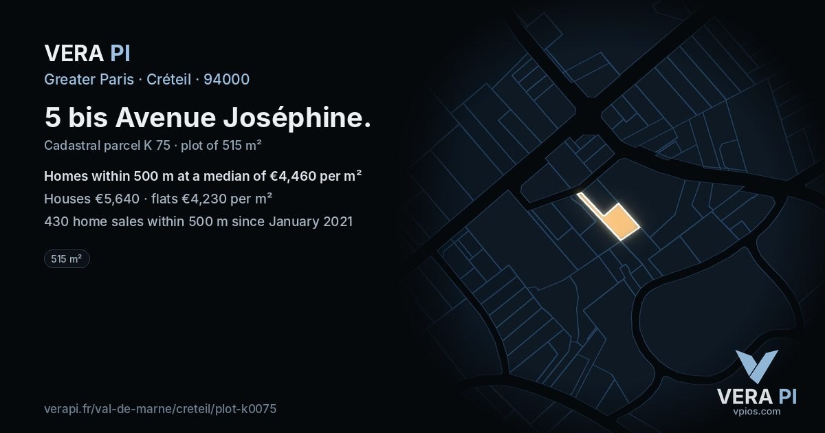 5 bis Avenue Joséphine, Créteil at night – the plot lit, the parcels around coloured by the prices near them
