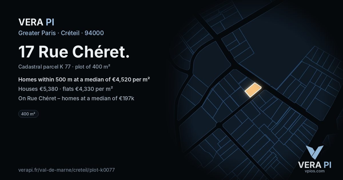 17 Rue Chéret, Créteil at night – the plot lit, the parcels around coloured by the prices near them