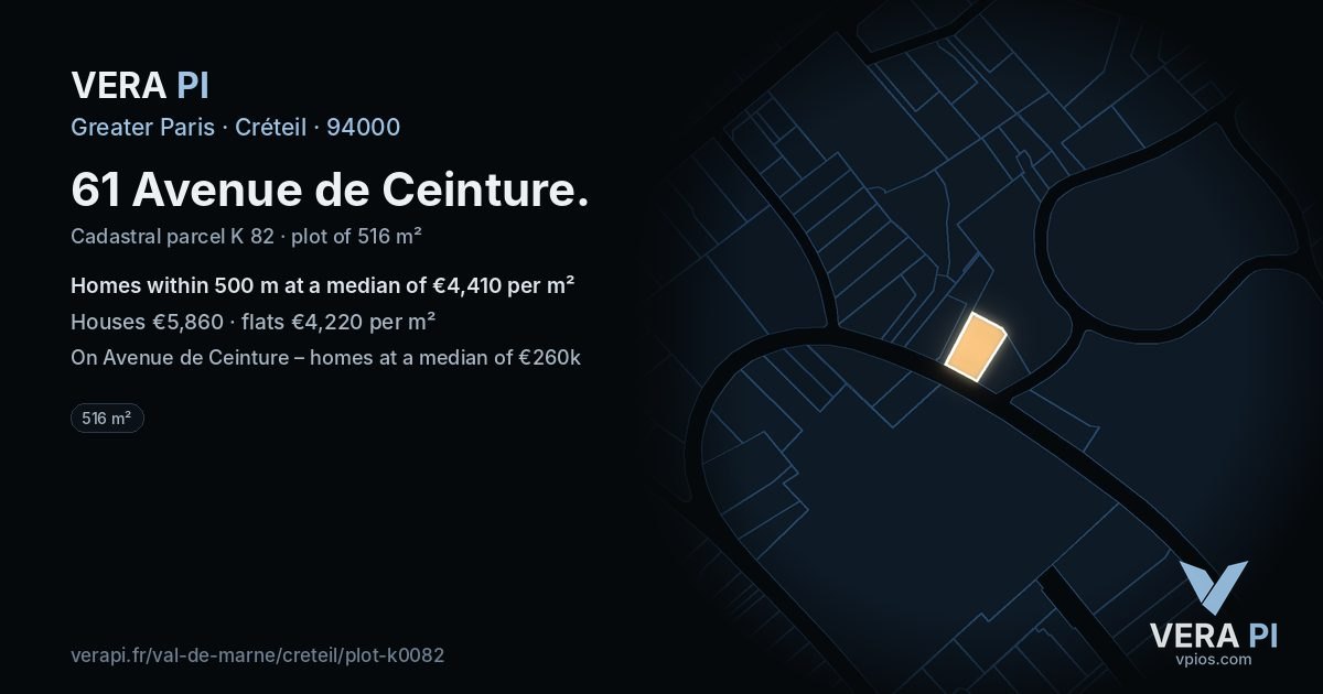 61 Avenue de Ceinture, Créteil at night – the plot lit, the parcels around coloured by the prices near them