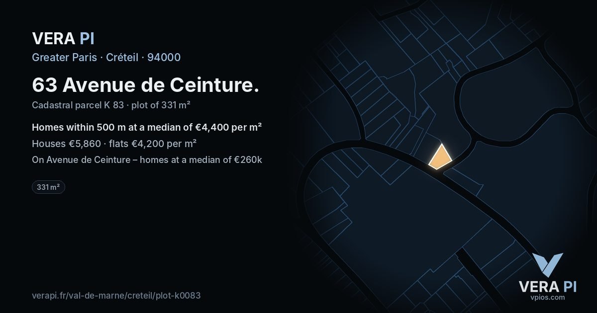 63 Avenue de Ceinture, Créteil at night – the plot lit, the parcels around coloured by the prices near them