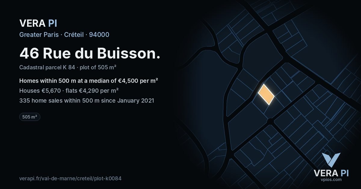 46 Rue du Buisson, Créteil at night – the plot lit, the parcels around coloured by the prices near them