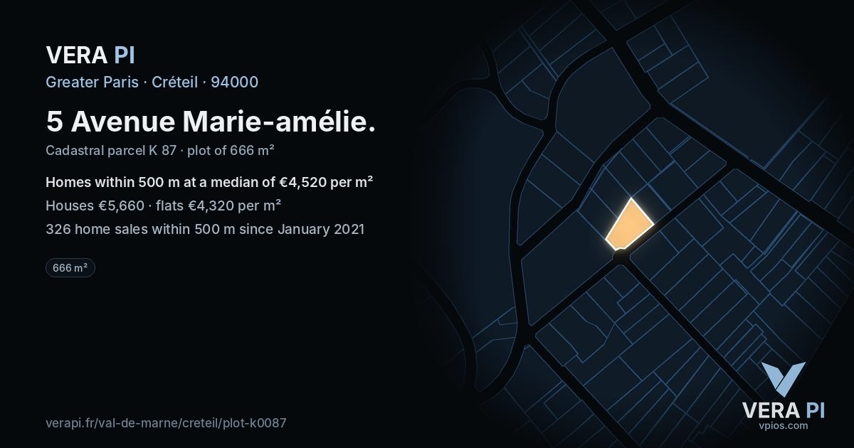 5 Avenue Marie-amélie, Créteil at night – the plot lit, the parcels around coloured by the prices near them