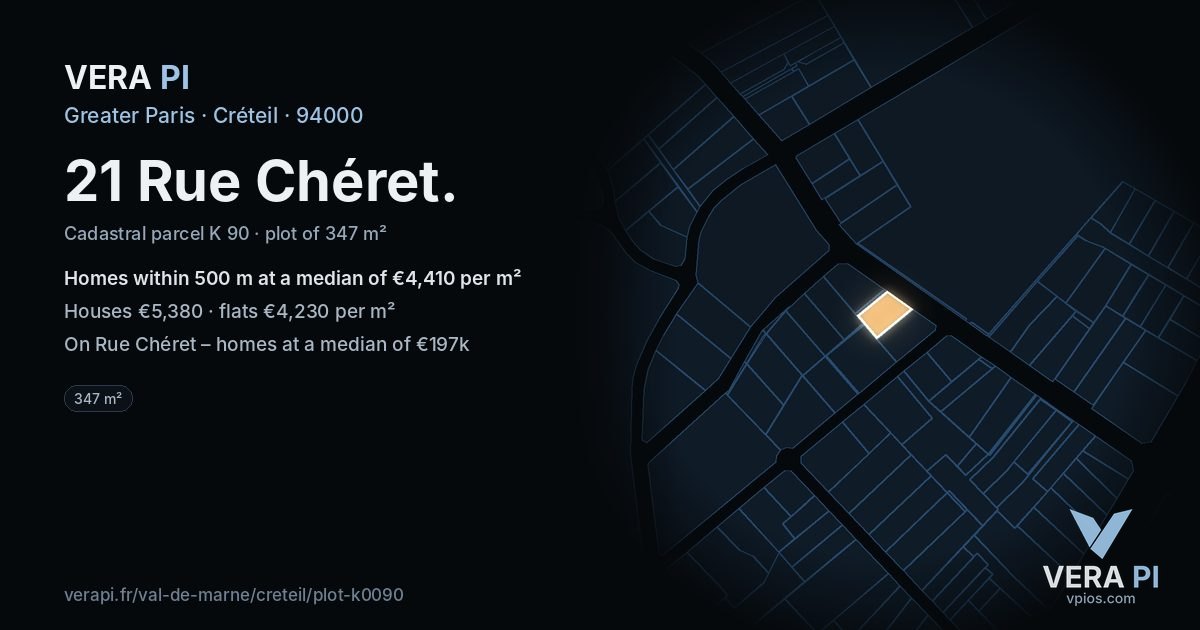 21 Rue Chéret, Créteil at night – the plot lit, the parcels around coloured by the prices near them