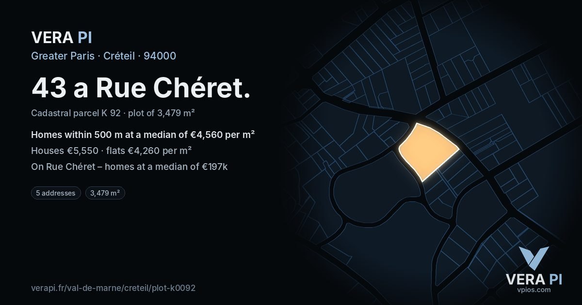 43 a Rue Chéret, Créteil at night – the plot lit, the parcels around coloured by the prices near them