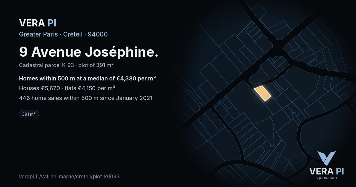 9 Avenue Joséphine, Créteil at night – the plot lit, the parcels around coloured by the prices near them