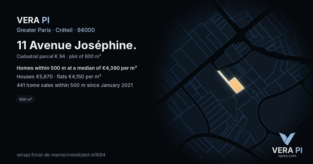 11 Avenue Joséphine, Créteil at night – the plot lit, the parcels around coloured by the prices near them