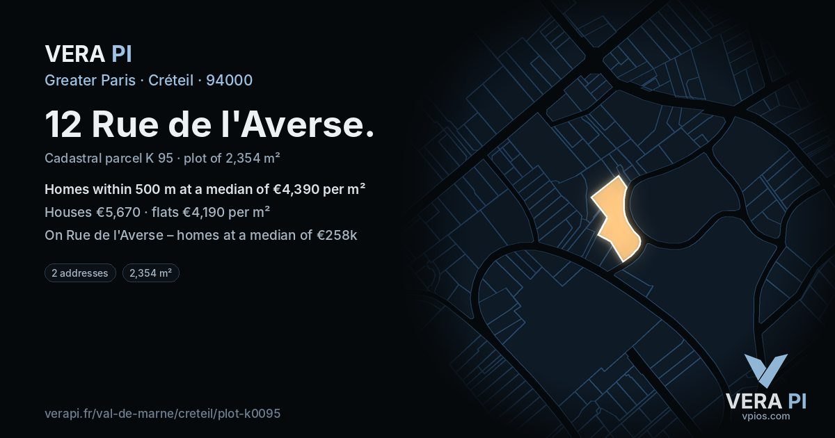 12 Rue de l'Averse, Créteil at night – the plot lit, the parcels around coloured by the prices near them
