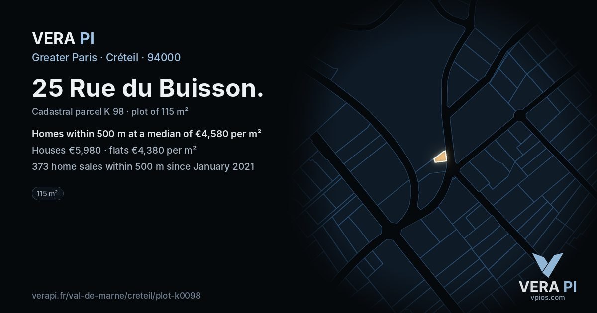 25 Rue du Buisson, Créteil at night – the plot lit, the parcels around coloured by the prices near them