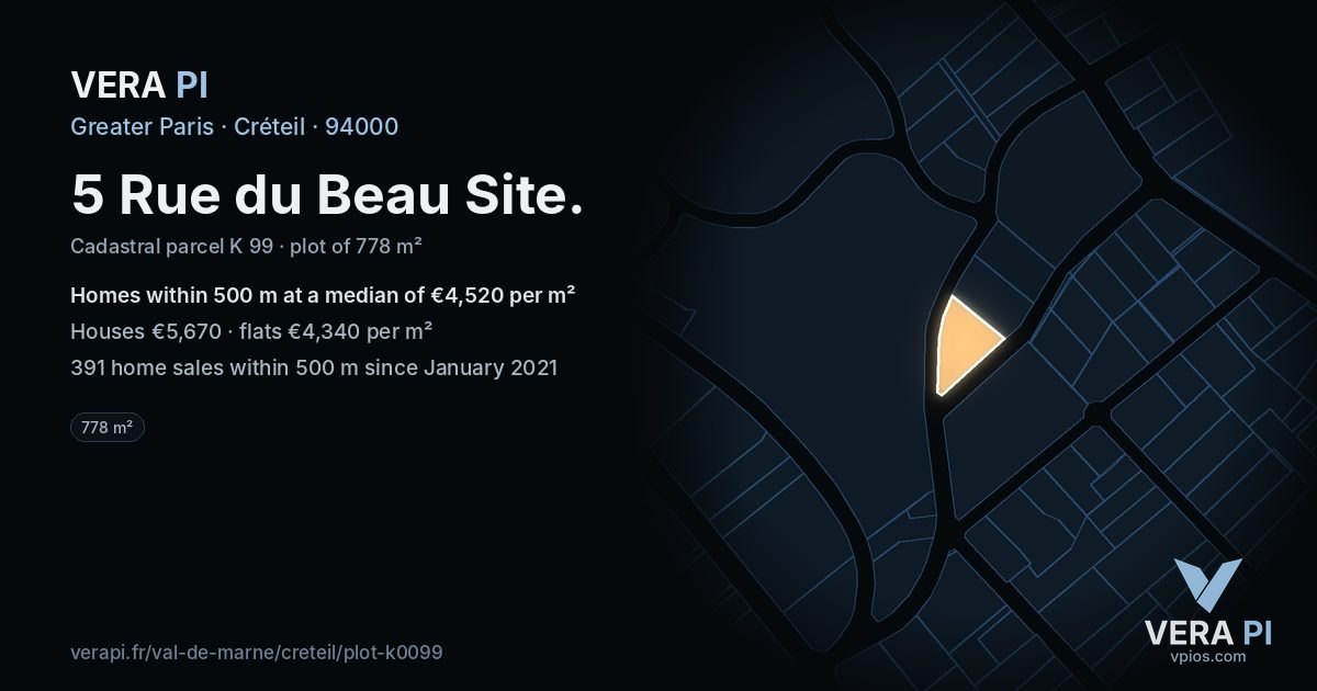5 Rue du Beau Site, Créteil at night – the plot lit, the parcels around coloured by the prices near them