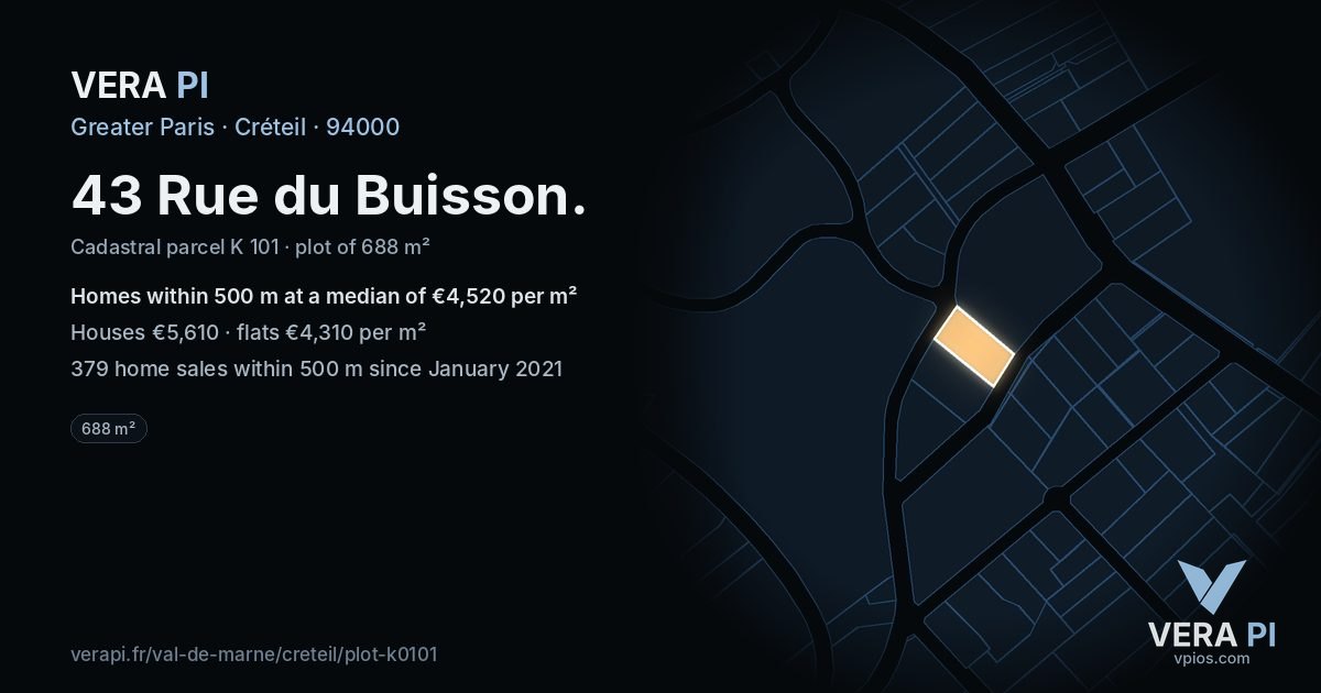 43 Rue du Buisson, Créteil at night – the plot lit, the parcels around coloured by the prices near them