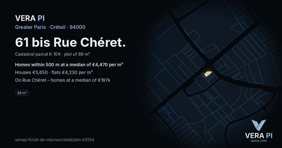 61 bis Rue Chéret, Créteil at night – the plot lit, the parcels around coloured by the prices near them