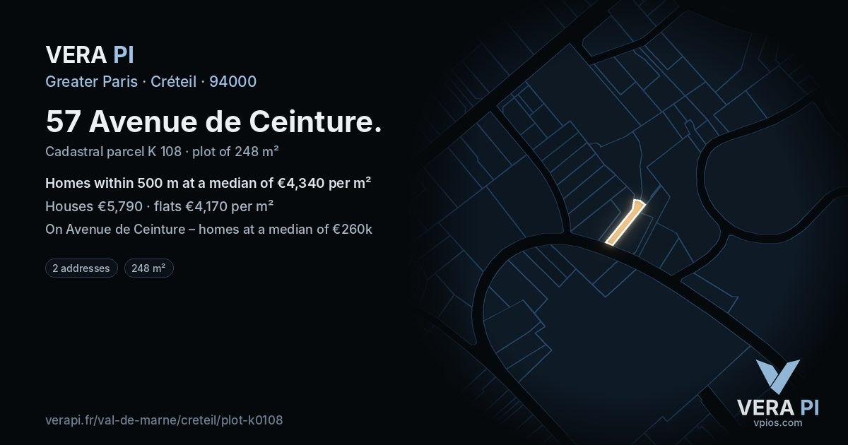 57 Avenue de Ceinture, Créteil at night – the plot lit, the parcels around coloured by the prices near them