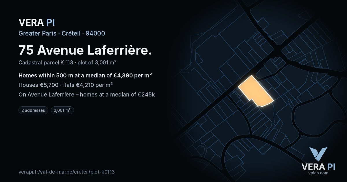 75 Avenue Laferrière, Créteil at night – the plot lit, the parcels around coloured by the prices near them