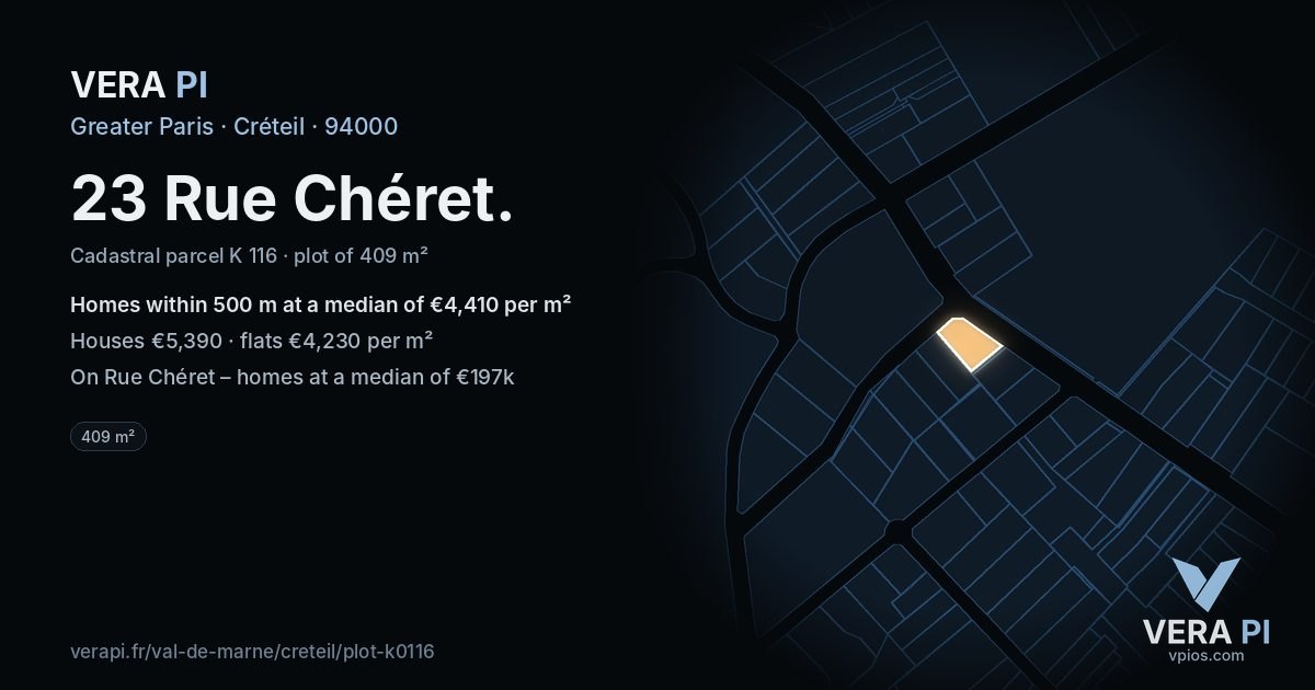 23 Rue Chéret, Créteil at night – the plot lit, the parcels around coloured by the prices near them