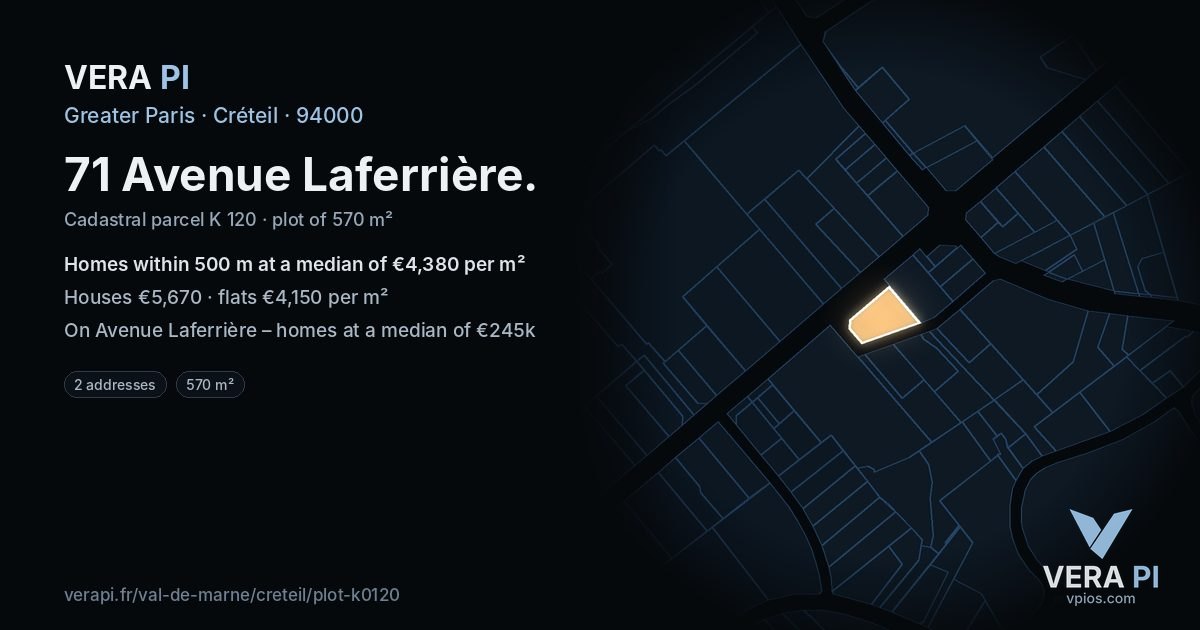 71 Avenue Laferrière, Créteil at night – the plot lit, the parcels around coloured by the prices near them