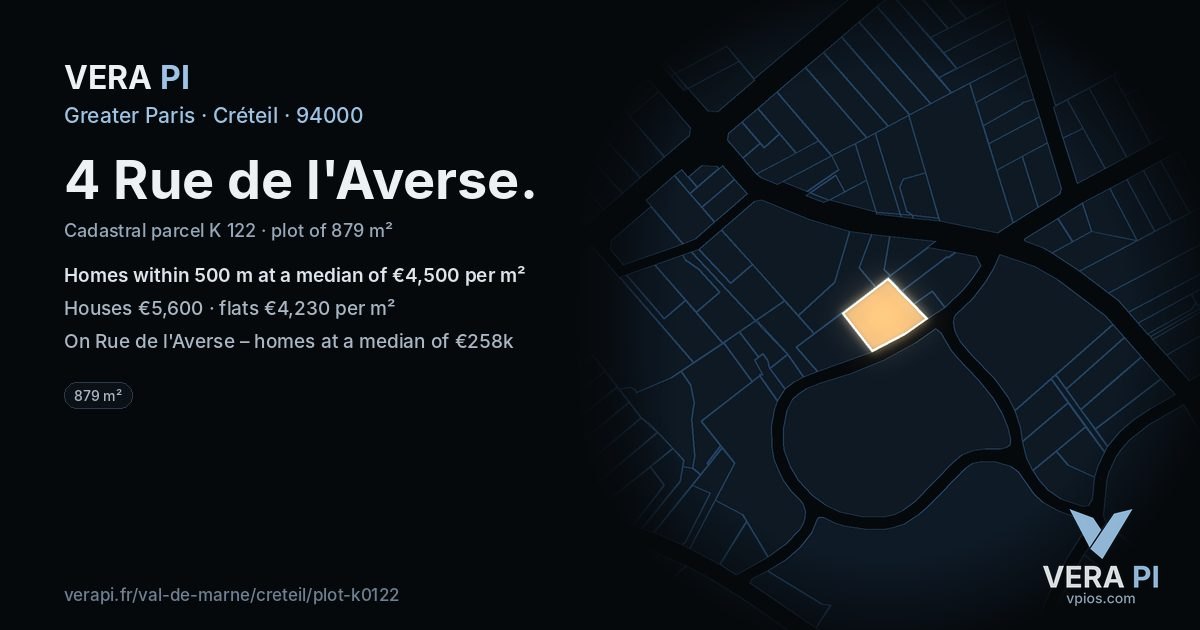4 Rue de l'Averse, Créteil at night – the plot lit, the parcels around coloured by the prices near them