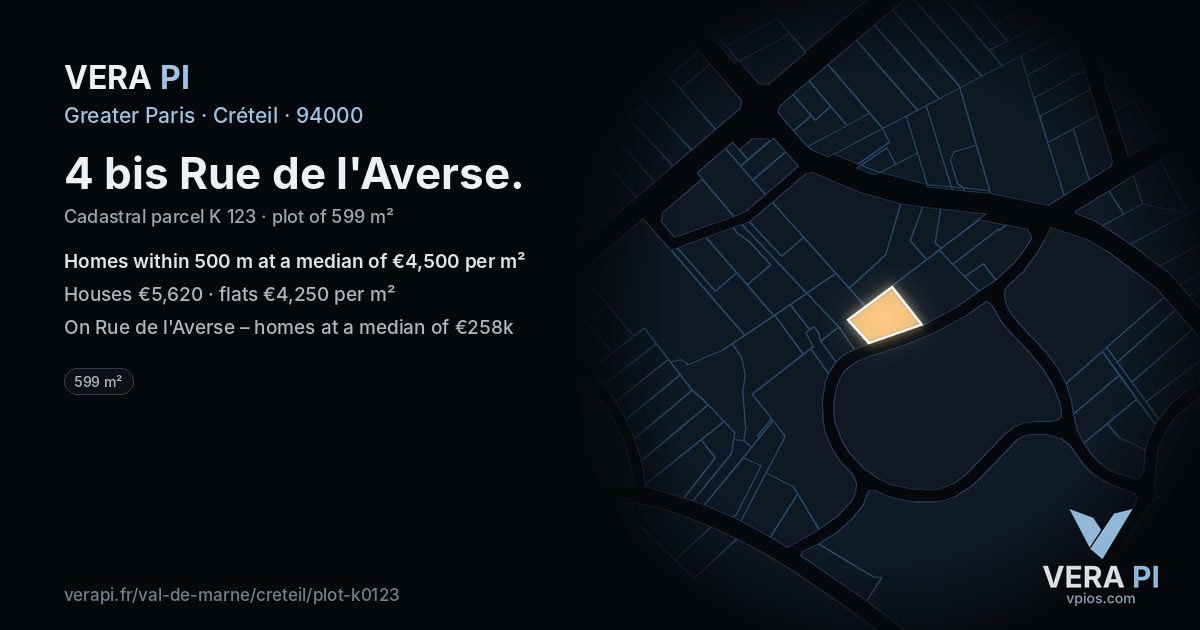 4 bis Rue de l'Averse, Créteil at night – the plot lit, the parcels around coloured by the prices near them
