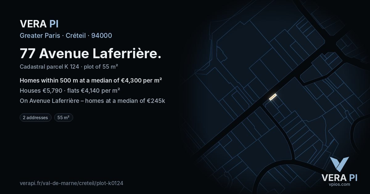 77 Avenue Laferrière, Créteil at night – the plot lit, the parcels around coloured by the prices near them