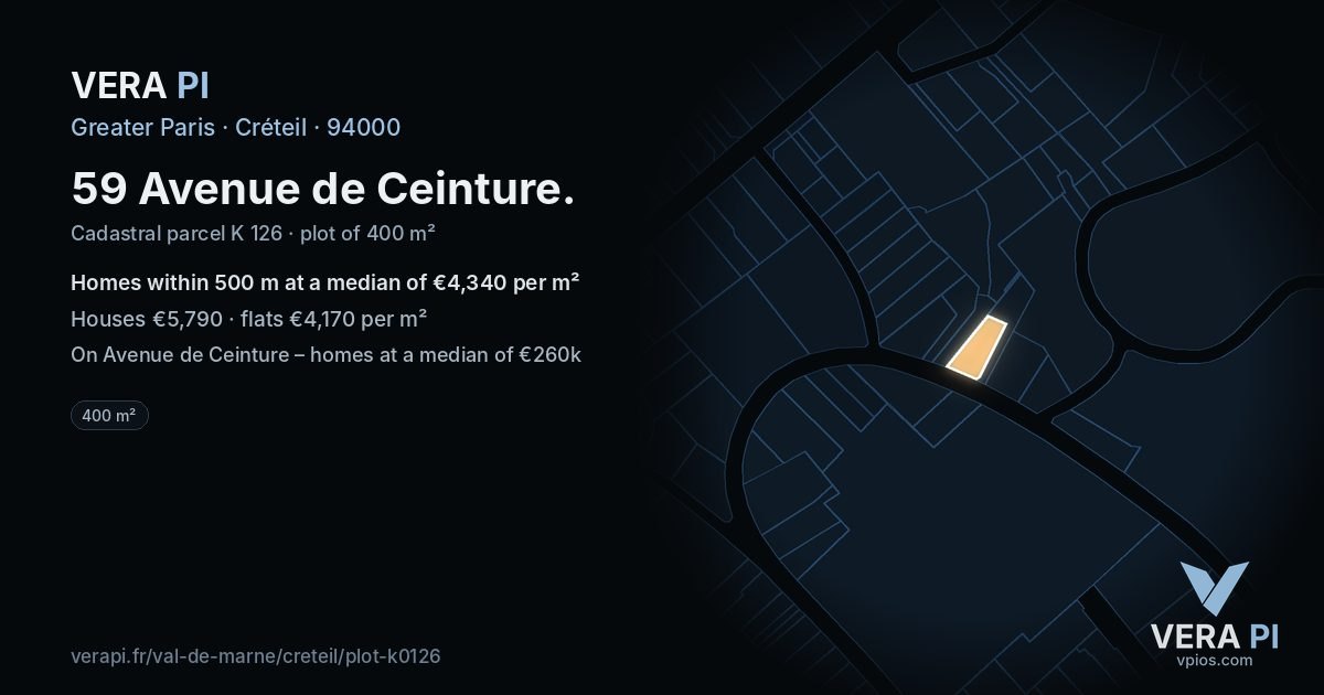 59 Avenue de Ceinture, Créteil at night – the plot lit, the parcels around coloured by the prices near them