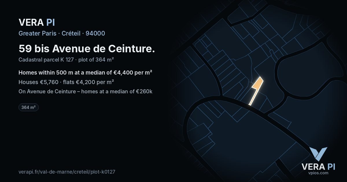 59 bis Avenue de Ceinture, Créteil at night – the plot lit, the parcels around coloured by the prices near them