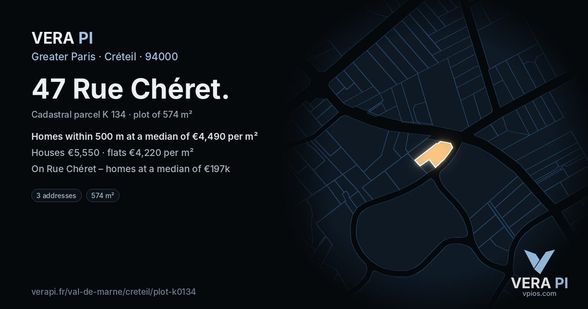 47 Rue Chéret, Créteil at night – the plot lit, the parcels around coloured by the prices near them