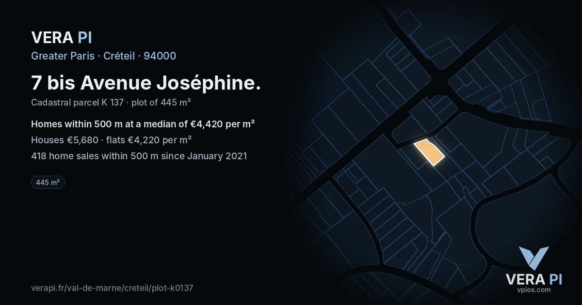 7 bis Avenue Joséphine, Créteil at night – the plot lit, the parcels around coloured by the prices near them