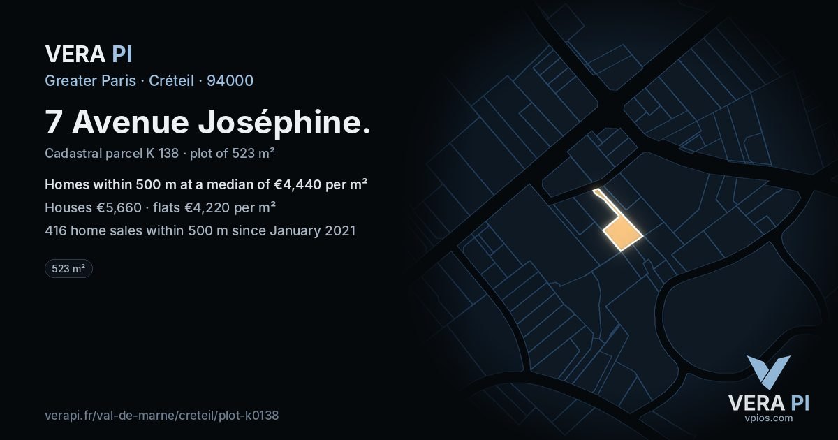 7 Avenue Joséphine, Créteil at night – the plot lit, the parcels around coloured by the prices near them