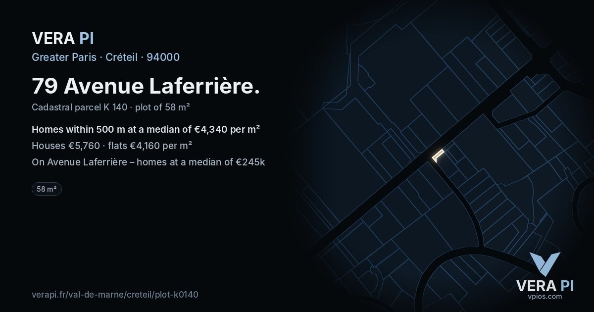 79 Avenue Laferrière, Créteil at night – the plot lit, the parcels around coloured by the prices near them