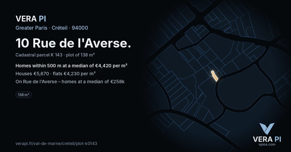 10 Rue de l'Averse, Créteil at night – the plot lit, the parcels around coloured by the prices near them