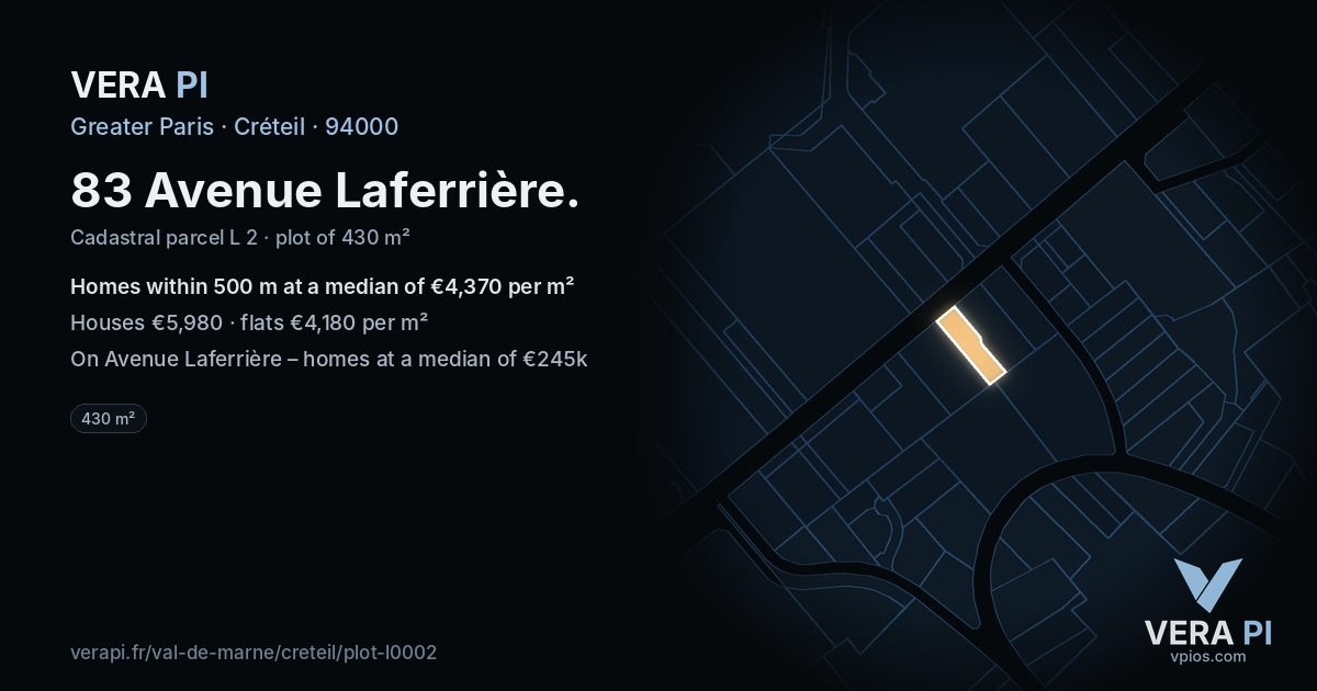 83 Avenue Laferrière, Créteil at night – the plot lit, the parcels around coloured by the prices near them