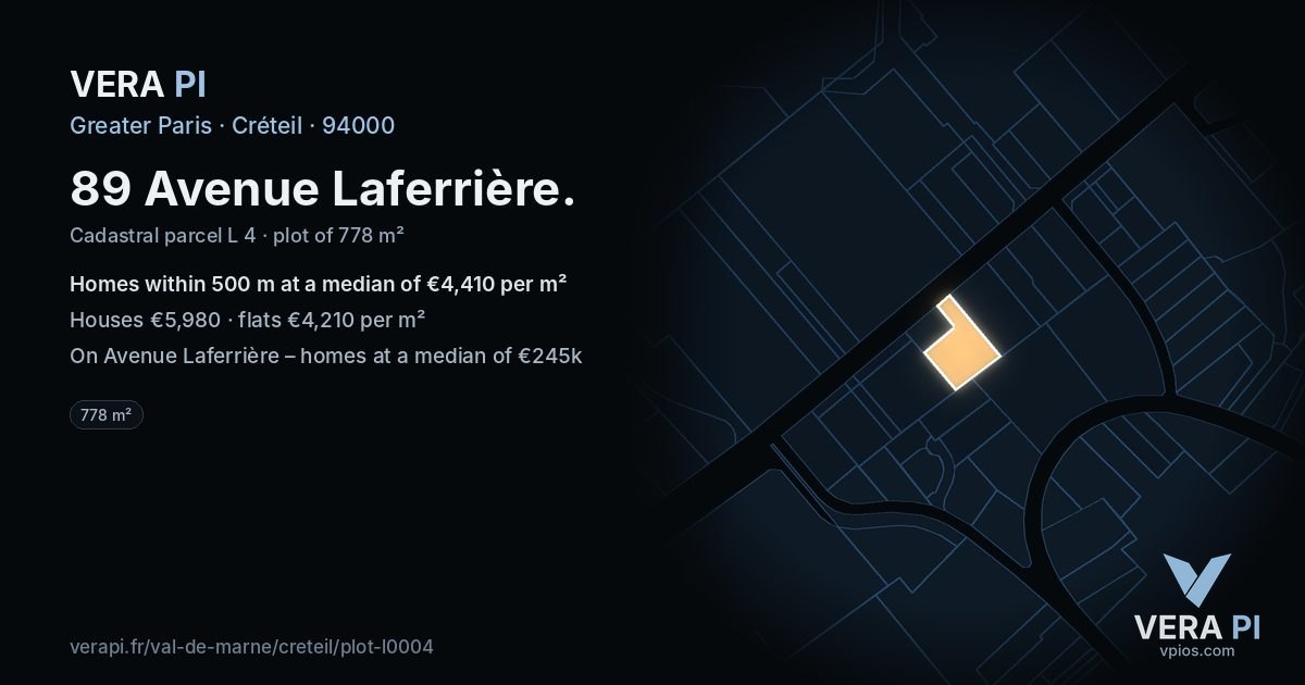 89 Avenue Laferrière, Créteil at night – the plot lit, the parcels around coloured by the prices near them