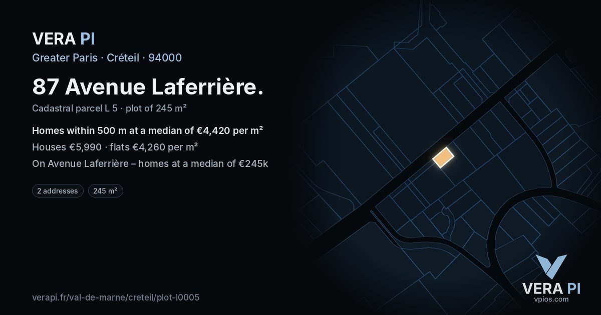 87 Avenue Laferrière, Créteil at night – the plot lit, the parcels around coloured by the prices near them