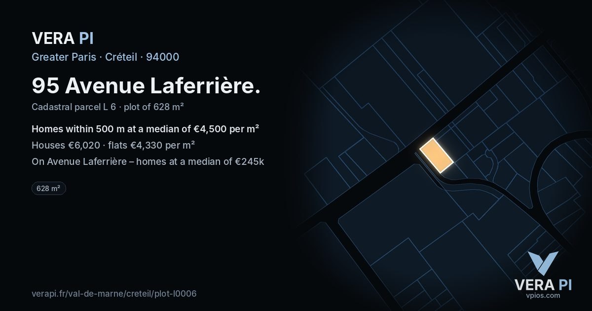 95 Avenue Laferrière, Créteil at night – the plot lit, the parcels around coloured by the prices near them