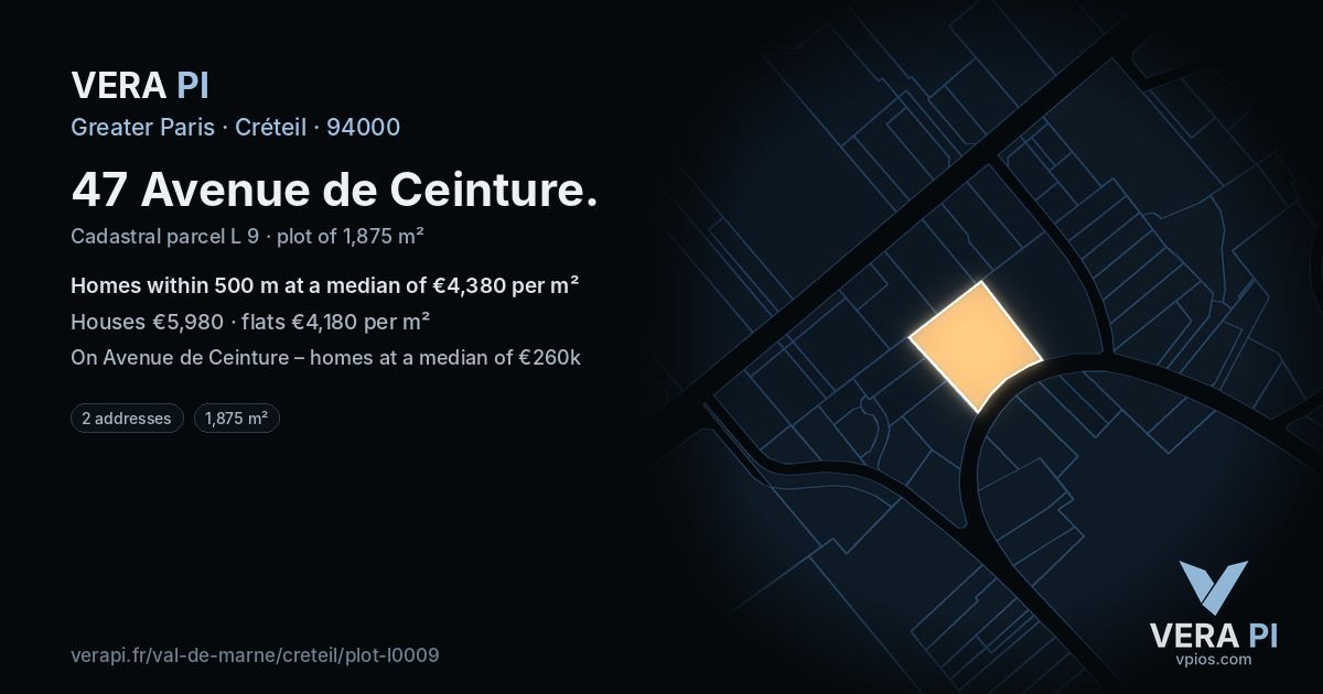 47 Avenue de Ceinture, Créteil at night – the plot lit, the parcels around coloured by the prices near them