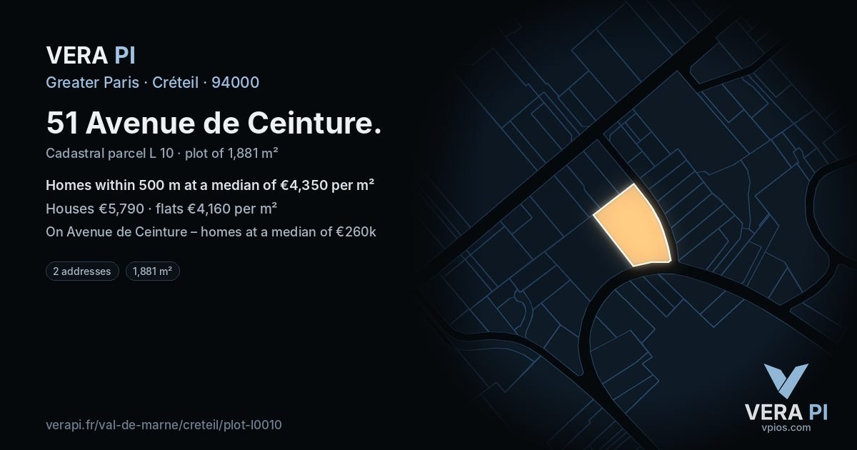 51 Avenue de Ceinture, Créteil at night – the plot lit, the parcels around coloured by the prices near them
