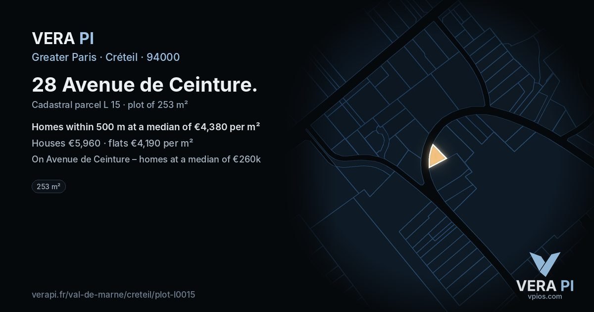 28 Avenue de Ceinture, Créteil at night – the plot lit, the parcels around coloured by the prices near them