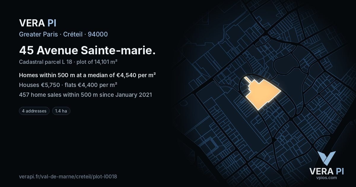 45 Avenue Sainte-marie, Créteil at night – the plot lit, the parcels around coloured by the prices near them
