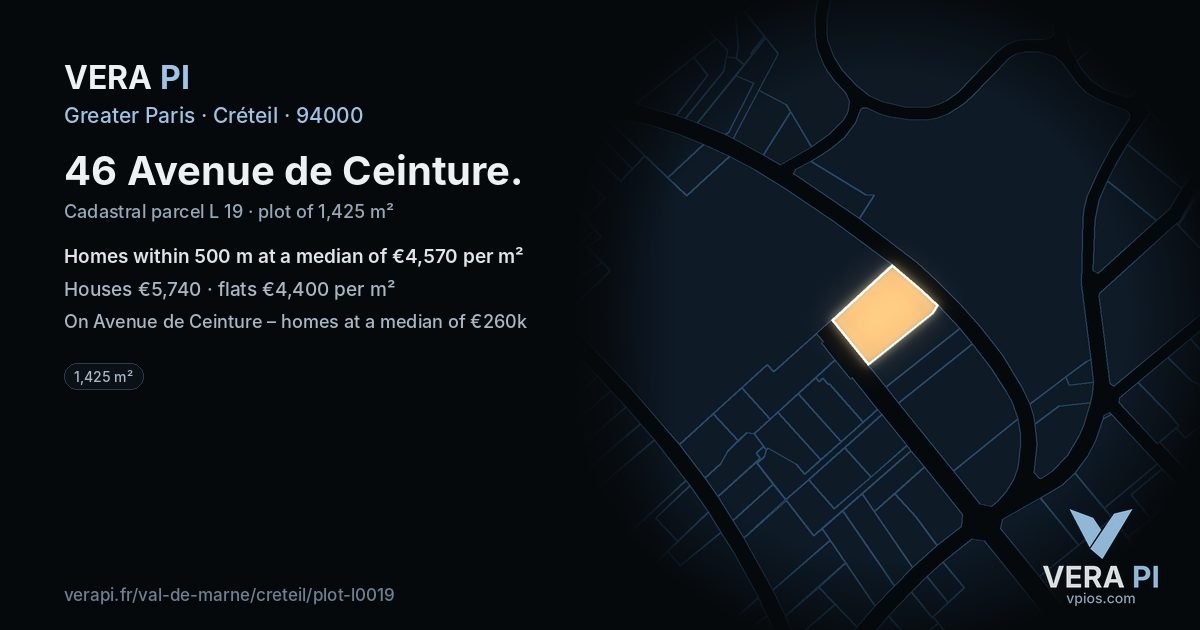 46 Avenue de Ceinture, Créteil at night – the plot lit, the parcels around coloured by the prices near them